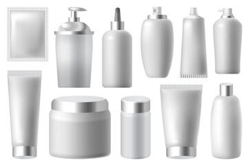 Realistic, 3D rendering, makeup, skin and body care containers mockup set. Cream, tubes, lotion, dropper, balsam, gel, spray plastic bottles and containers with metallic top. Beauty and health care.
