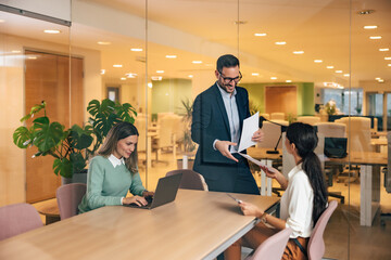 Ambitious businesswoman giving a new business plan to her male boss during the meeting.