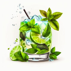 Mojito with lime and mint leaves on white background. Generative AI.