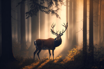 An image of deer standing in the middle of forest. Generative AI.