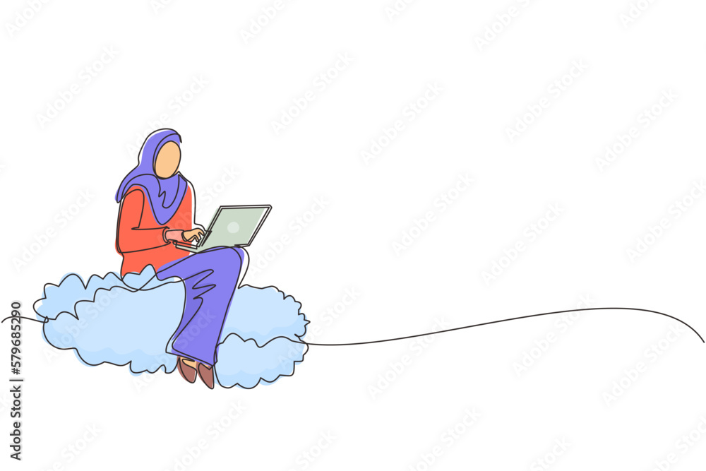 Aufkleber single one line drawing arab businesswoman sitting on cloud in sky and working with laptop. wireless