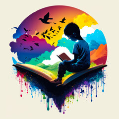 An image of boy reading book with birds flying over it. Generative AI.