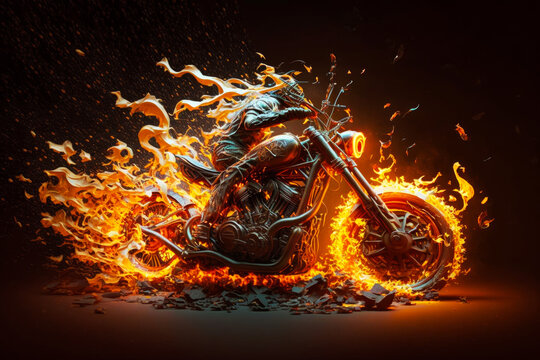 An image of man riding motorcycle on fire. Generative AI.