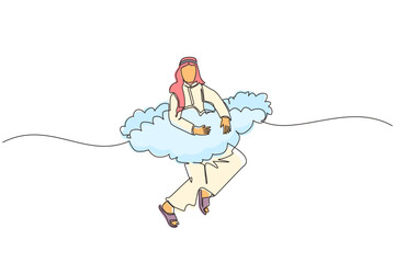 Continuous one line drawing Arabic businessman hang in clouds. Hoping for success, financial freedom, winning business project, achievement concept. Single line draw design vector graphic illustration