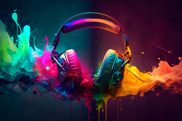 Headphones with colorful splashes on black background. Generative AI.