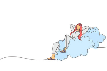 Single one line drawing relaxed and successful happy Arabian businessman relaxing laying on clouds. Break, vacation, coffee time and relaxation. Continuous line draw design graphic vector illustration