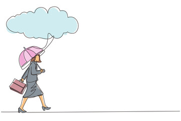 Continuous one line drawing businesswoman with briefcase and umbrella stand under rain cloud. Depression, passerby at rainy weather. Drenched woman, water pour from sky. Single line draw design vector
