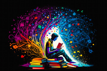 Man reading book surrounded by colorful books. Generative AI.