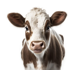 Close up of brown and white cow looking at the camera. Generative AI.