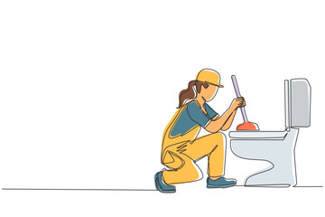Single continuous line drawing toilet cleaning, plumbing service. Plumbing toilet leakage or clogging. Plumber repairwoman. Sewage system. Toilet bowl and sewer. One line draw graphic design vector