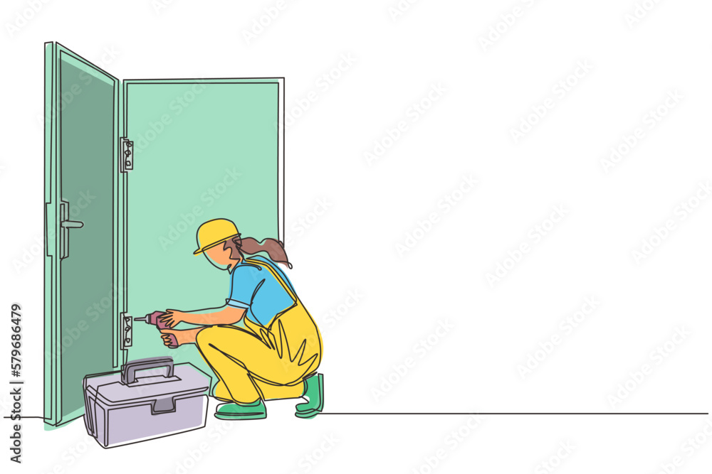 Poster Single one line drawing door service. Repairwoman in the uniform with special equipment repair door element. Locksmith woman fix lock. Construction services. Continuous line draw design graphic vector