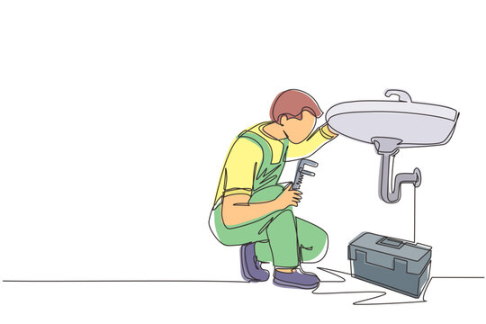 recommend clip art: Continuous one line drawing plumber worker repairs sink in bathroom and plumbing pipes. Handyman makes house repair works. Home repair and maintenance services concept. Single line draw design vector