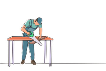 Fototapeta premium Single continuous line drawing builder or carpenter repairman sawing boards. Building, construction and repair work services. Business concept. Dynamic one line draw graphic design vector illustration