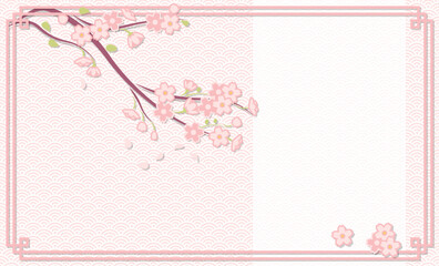Fototapeta na wymiar Cherry blossom and Japanese pattern, pastel vector illustration. Postcard. Paper cut style.