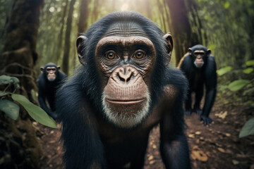 The three chimpanzees look curious as they discover the hidden wildlife camera in the forest. Beautiful natural animal portrait with fisheye effect and selective focus. Made with generative AI.