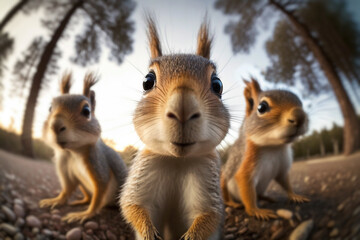 The three squirrels look curious as they discover the hidden wildlife camera in the forest. Beautiful natural animal portrait with fisheye effect and selective focus. Made with generative AI. - obrazy, fototapety, plakaty