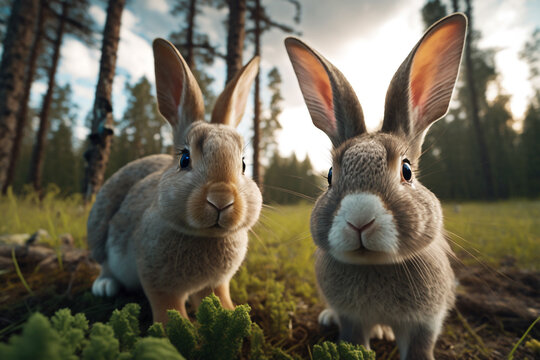 The two rabbits look curious as they discover the hidden wildlife camera in the forest. Beautiful natural animal portrait with fisheye effect and selective focus. Made with generative AI.
