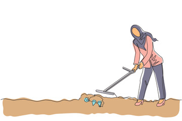 Single continuous line drawing Arab businesswoman with metal detector looking for pile of diamond. Woman treasure hunter with metal detector finding precious stone. One line draw graphic design vector