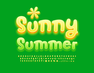 Vector creative poster Sunny Summer. Green handwritten Font. Funny Glowing Alphabet Letters, umbers and Symbols set