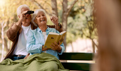 Love, senior couple and watching birds with book, binocular and romantic together. Romance, mature...