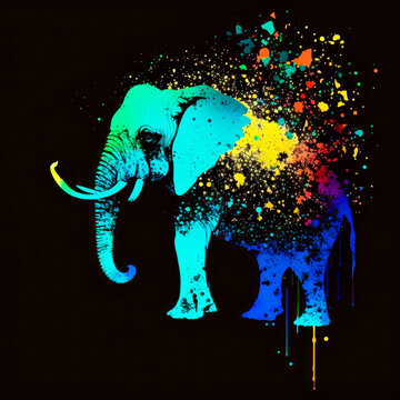 An elephant painted with splashes of paint on black background. Generative AI.