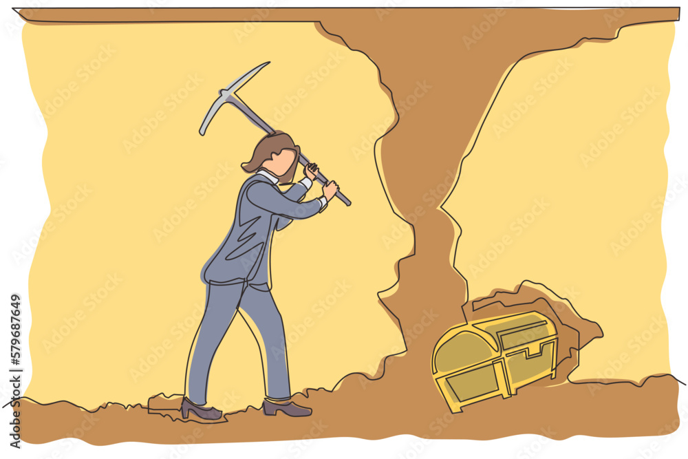 Poster single continuous line drawing arabian businessman digging with pickaxe to get diamond. worker diggi