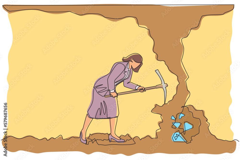 Poster single one line drawing arab businessman digging with pickaxe looking for hidden treasures. man digg