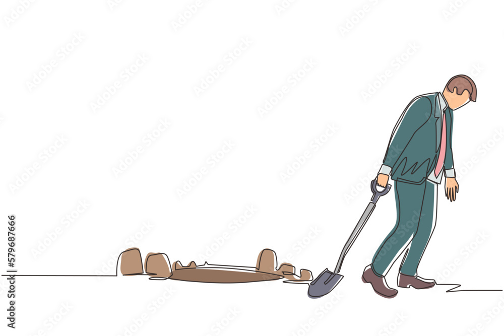 Poster single continuous line drawing businessman walking unsteadily leaving hole dug dragging shovel. man 