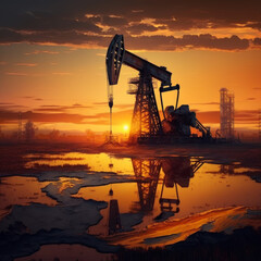 An oil pump in the middle of field at sunset. Generative AI.