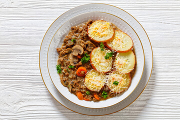 Ground Beef stew with mushrooms, carrots potatoes