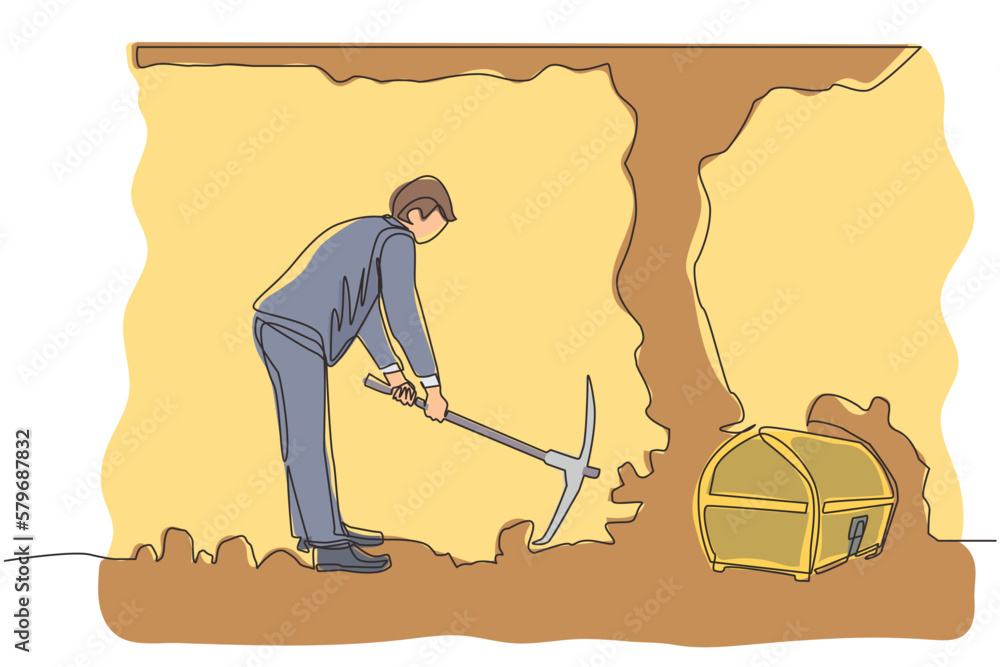 Poster single one line drawing businessman digging with pickaxe looking for hidden treasures. man digging a