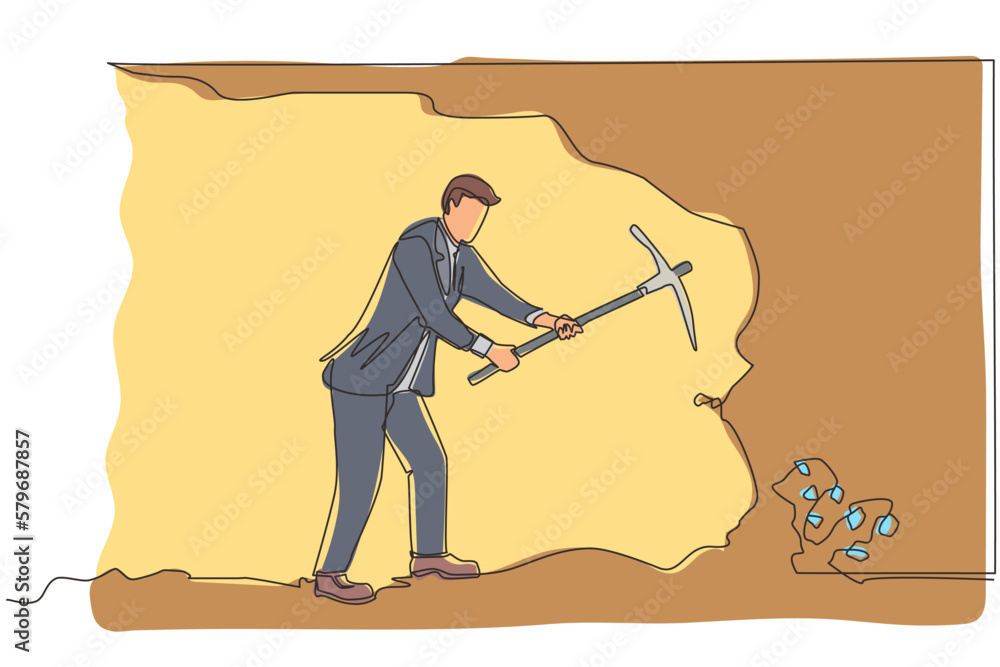 Poster single continuous line drawing businessman digging with pickaxe to get diamond. worker digging and m
