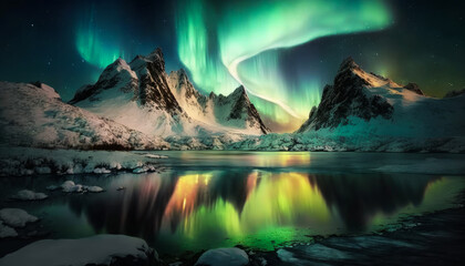 The aurora bore lights up the sky over mountains. Generative AI.