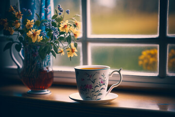 Obraz na płótnie Canvas Cup of tea sits on window sill next to vase of flowers. Generative AI.