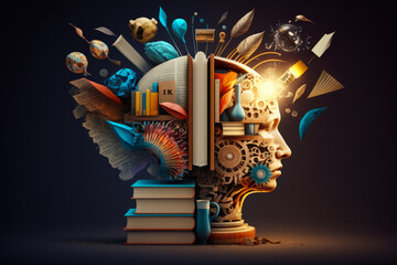 Image of human head with books and other objects. Generative AI. - Powered by Adobe