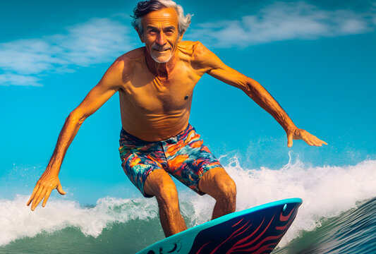 Senior grandfather elderly man doing surf with longboard riding wave. Happy old guy having fun doing extreme sport. Joyful elderly concept. Generative AI