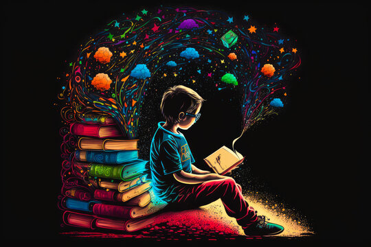 Young boy sitting on book reading with colorful bubbles coming out of his head. Generative AI.