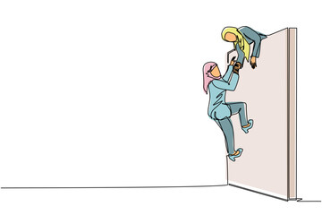 Single one line drawing Arabic businesswoman helping another woman climb wall. Confident successful leading businesswoman helping another one to get over brick wall. Continuous line draw design vector