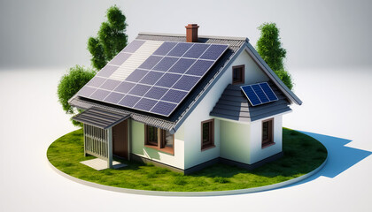 Fototapeta na wymiar Small house with solar panels on the roof. Generative AI.