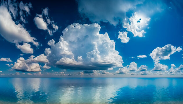 An image of blue ocean with clouds in the sky. Generative AI. © valentyn640