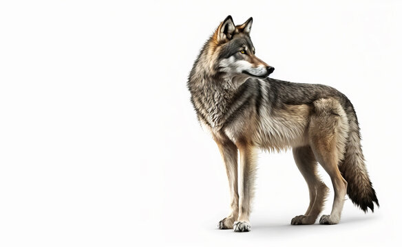 An image of wolf standing on white background. Generative AI.