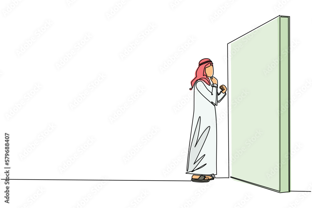 Poster single continuous line drawing arabian businessman thinking in front of big obstacle or wall. abstra