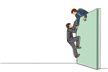 Continuous one line drawing businessman helping another businessman climb wall. Confident successful leading businessman helping another one to get over brick wall. Single line draw design vector