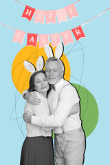 Photo artwork minimal collage picture of dreamy smiling couple embracing celebrating easter isolated drawing background