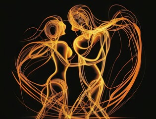 Passion Two entwined figures move in a graceful and passionate dance creating sparks of emotion. Art concept. AI generation.
