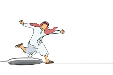 Obraz premium Continuous one line drawing Arabian businessman jumping through the hole, metaphor to facing big problem. Business struggles. Strength for success. Single line draw design vector graphic illustration