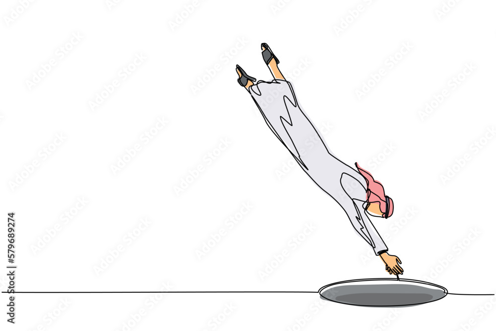 Poster single one line drawing arabian businessman jump into hole. concept of failure to take advantage of 