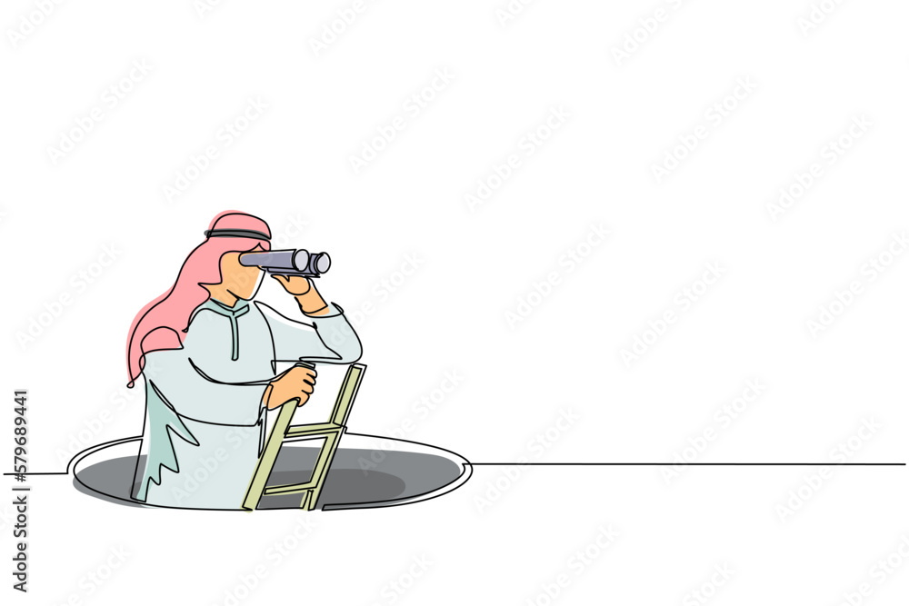 Aufkleber single continuous line drawing arabian businessman climbs out of the hole by ladder and using binocu