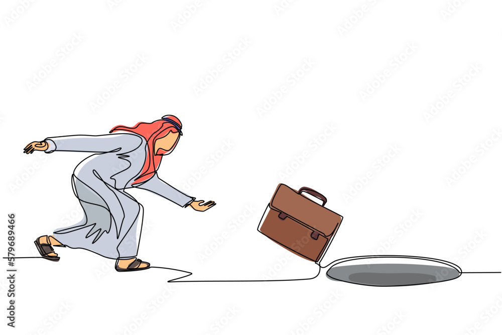 Aufkleber single continuous line drawing arabian businessman throws briefcase into hole. failure to take advan