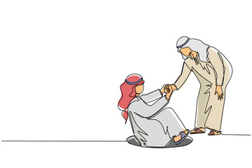 Continuous one line drawing Arabian businessman helping his friend by take him out from hole. Two men one of whom helps another. Business struggles. Single line draw design vector graphic illustration